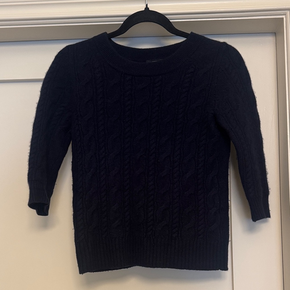 J Crew Women's Navy Cable Knit Cashmere 3/4 length sleeve Sweater